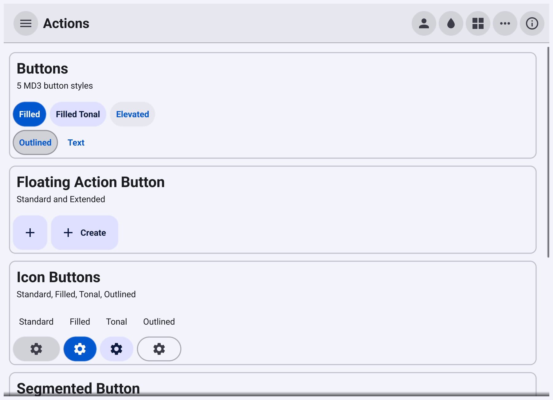 The gallery's Actions page: filled, tonal, elevated, outlined and text buttons, standard and extended floating action buttons, and four icon button styles