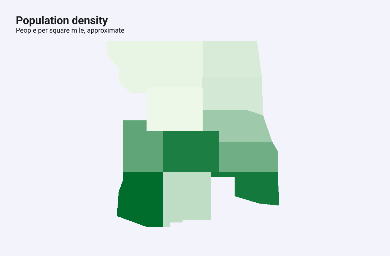 Eleven US states with simplified outlines, shaded from pale to dark green by population density