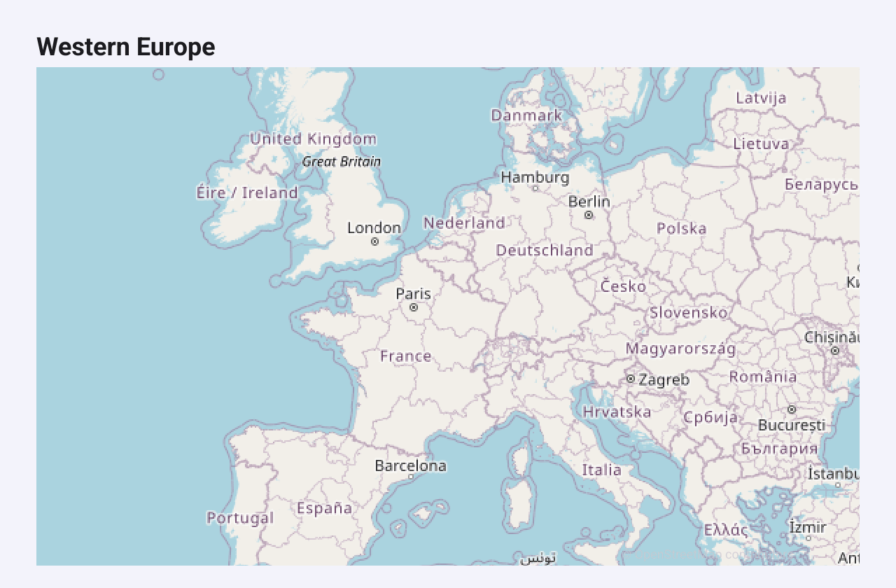 A tile map of western Europe from OpenStreetMap