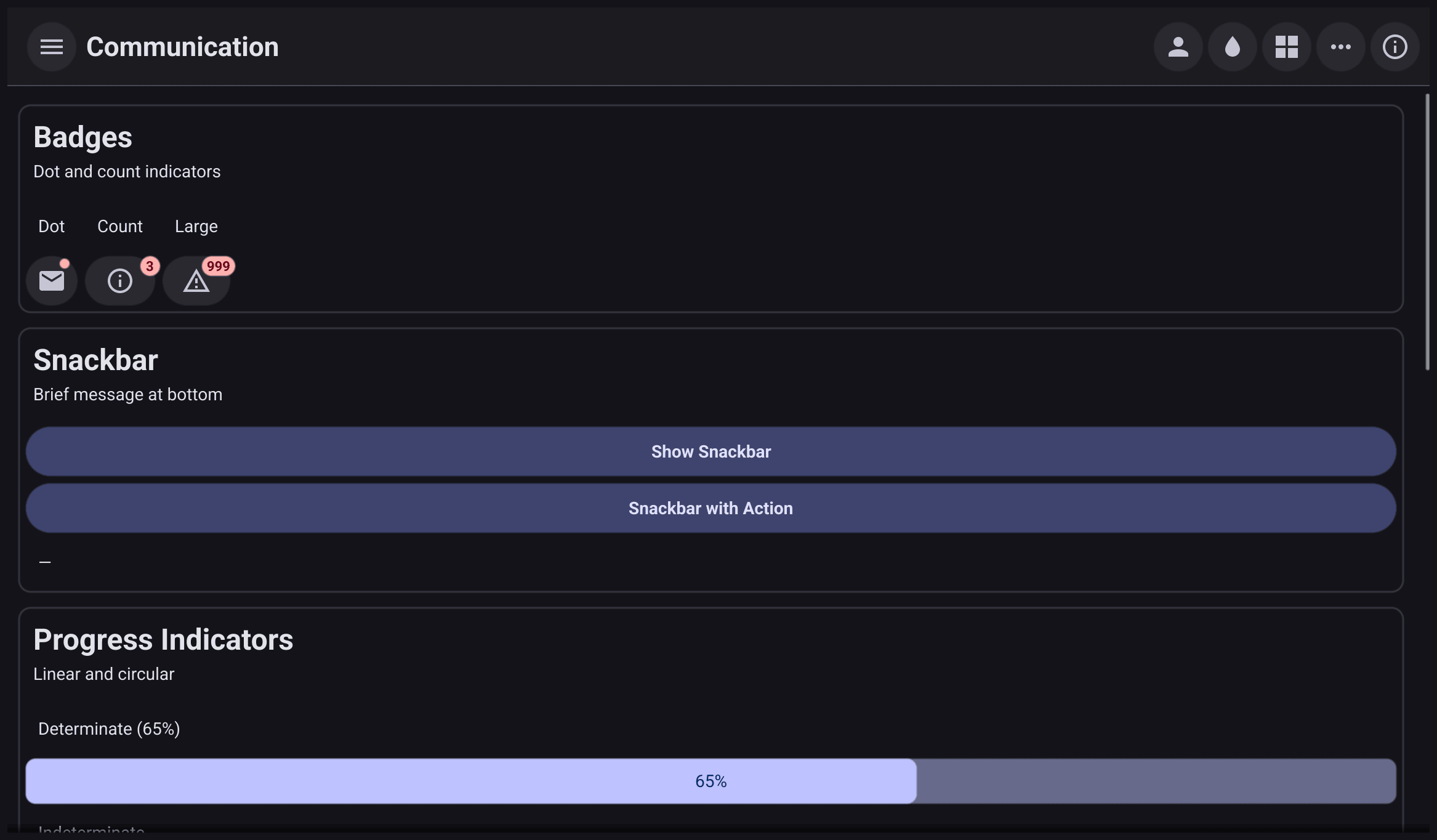 The gallery's Communication page: dot and count badges on icon buttons, snackbar buttons and a progress bar at 65%