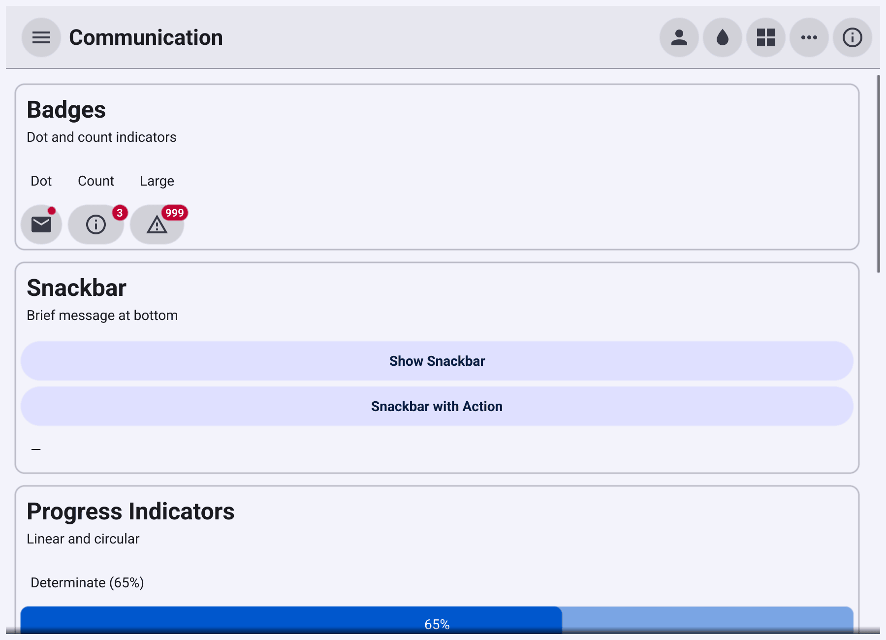 The gallery's Communication page: dot and count badges on icon buttons, snackbar buttons and a progress bar at 65%