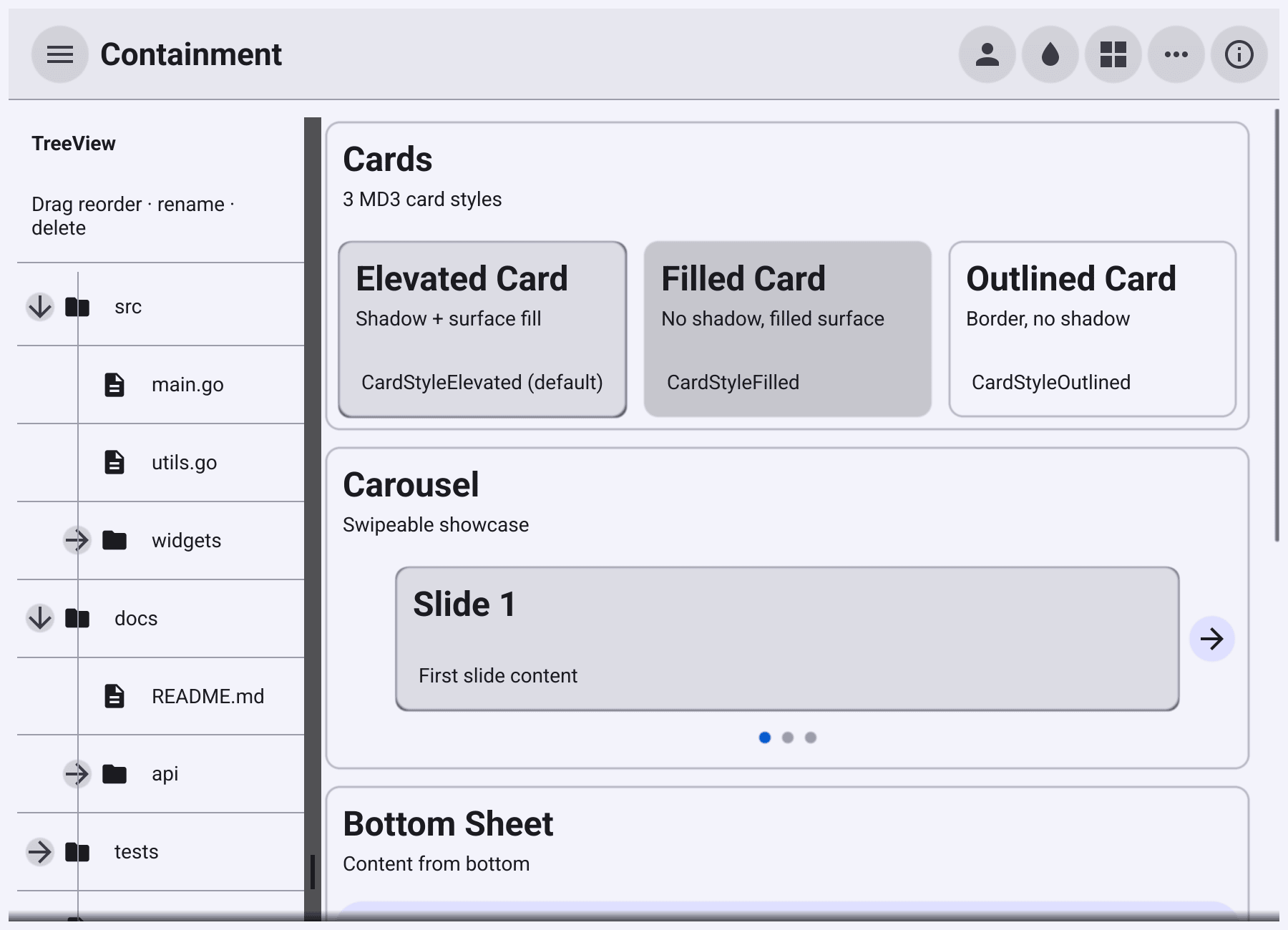 The gallery's Containment page: a tree on the left and scrolling cards on the right, divided by a draggable split bar