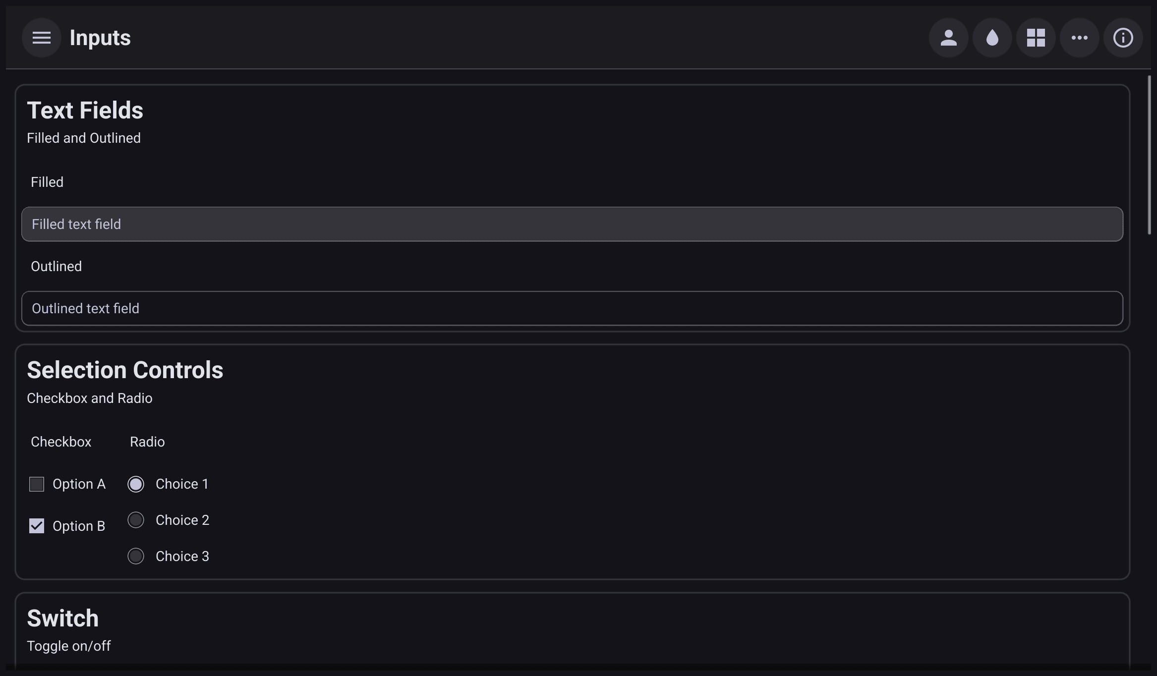 The gallery's Inputs page: a filled and an outlined text field, check boxes and radio buttons