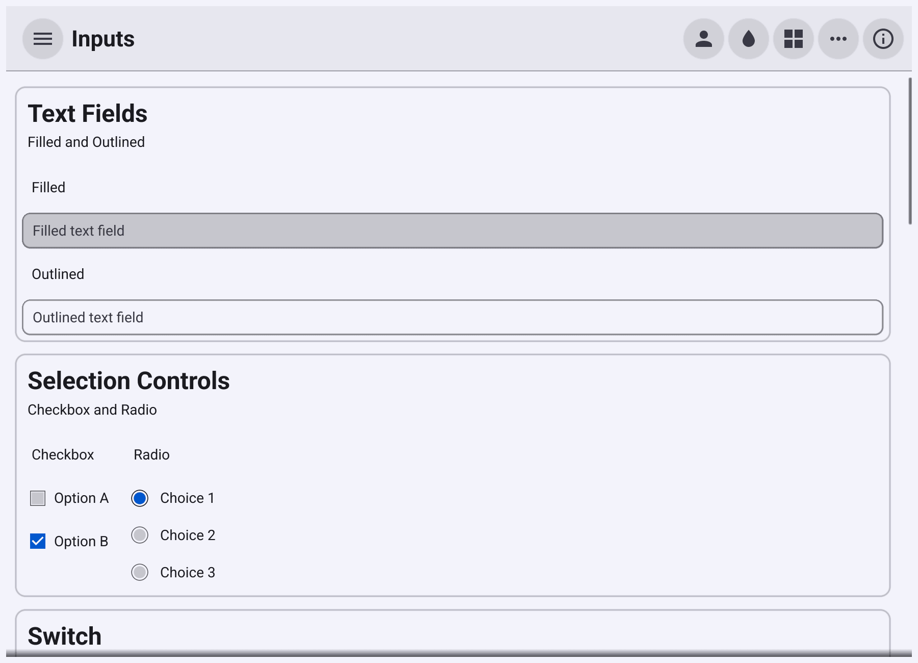 The gallery's Inputs page: a filled and an outlined text field, check boxes and radio buttons