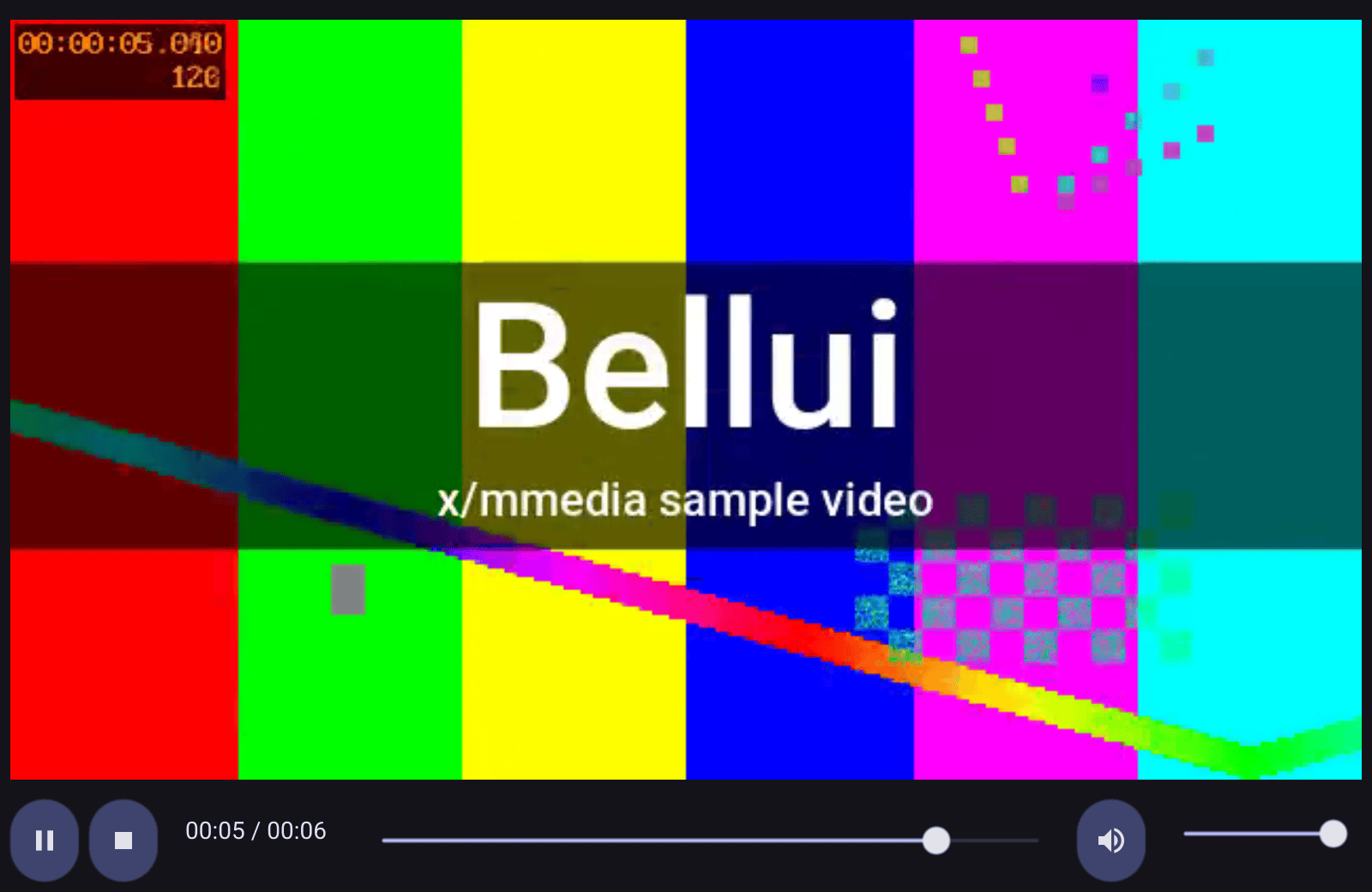 The media player showing a test-pattern video with the word Bellui, and its control bar below: pause, stop, elapsed and total time, seek bar, mute and volume.